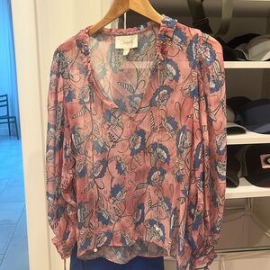 CLEOBELLA EMILY LOTUS PRINTED CHIFFON TIE NECK PINK BLOUSE SIZE SMALL